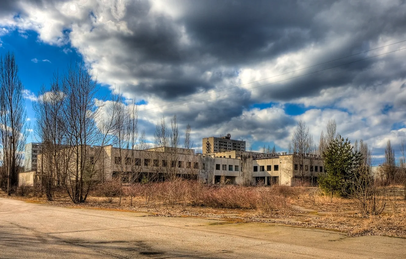 Photo wallpaper road, the building, the bushes, Pripyat