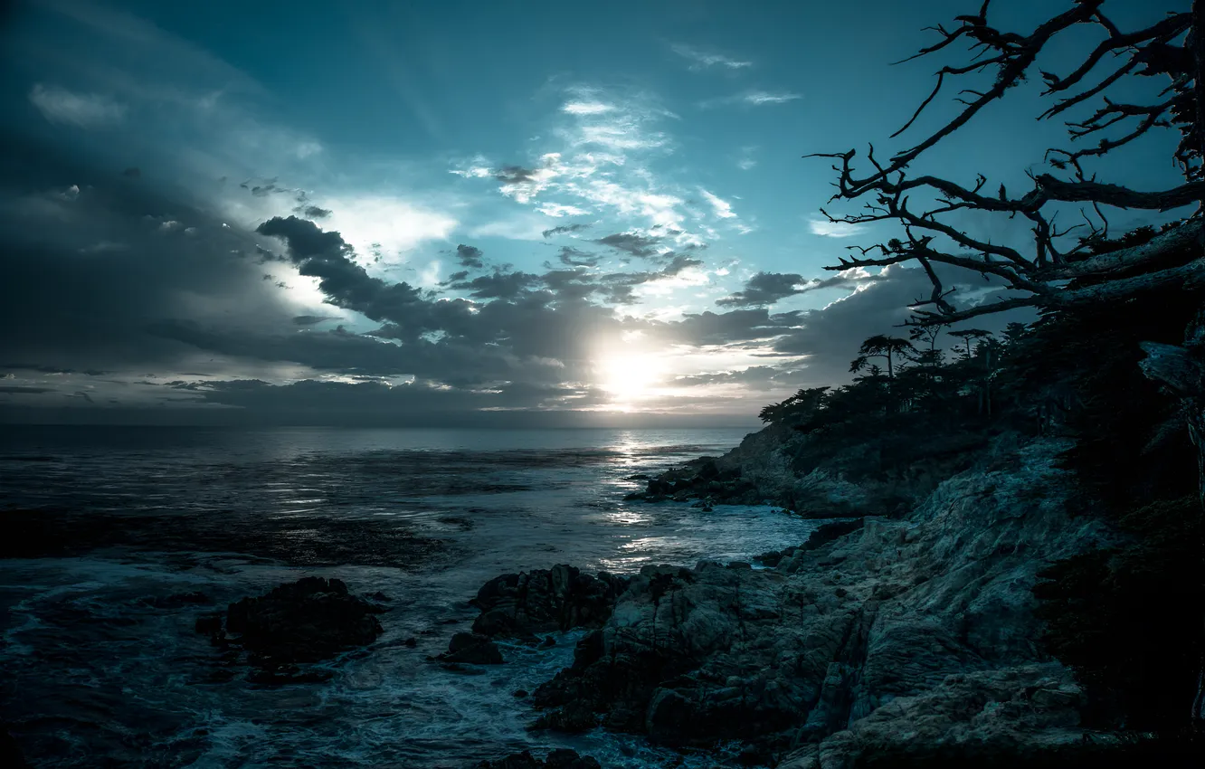 Photo wallpaper sea, clouds, shore, horizon, twilight