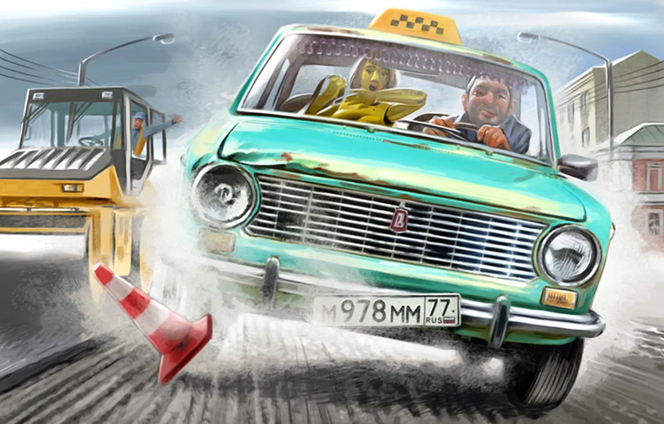 Photo wallpaper humor, art, 2101, The taxi driver, road repairs