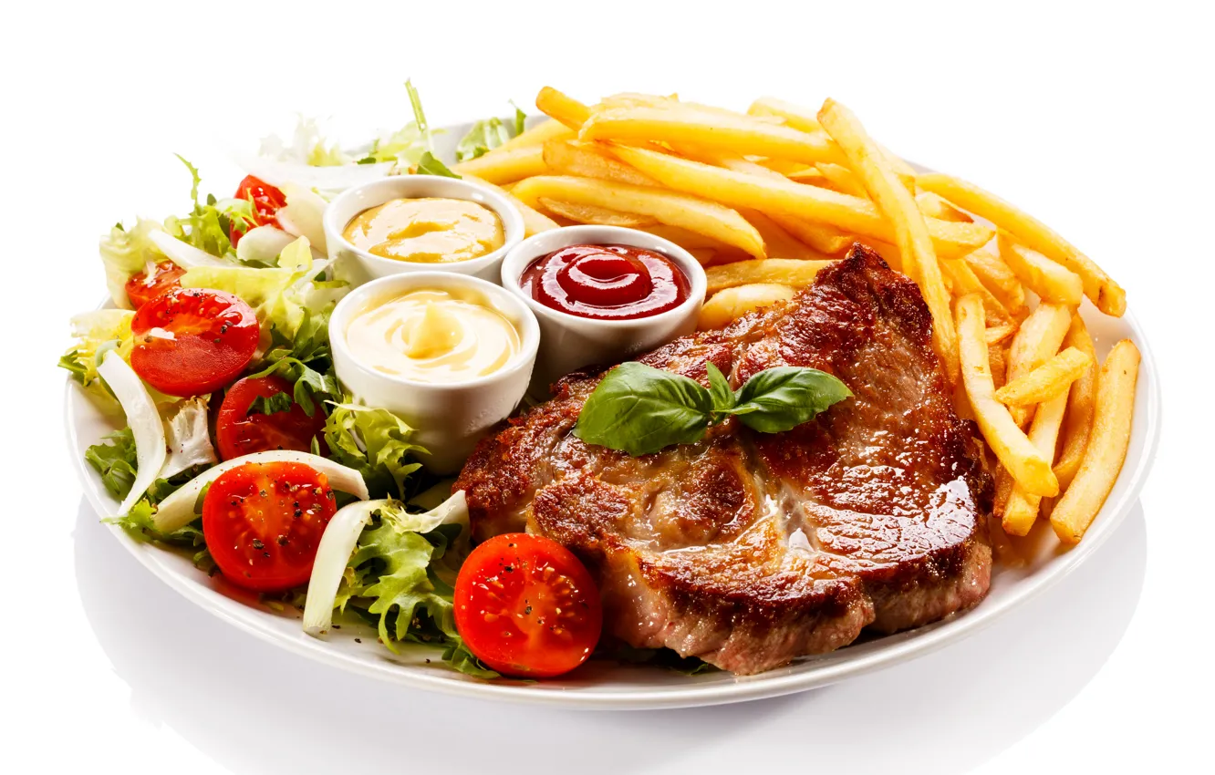 Photo wallpaper meat, tomatoes, sauce, ketchup, potatoes, meat, steak, tomato
