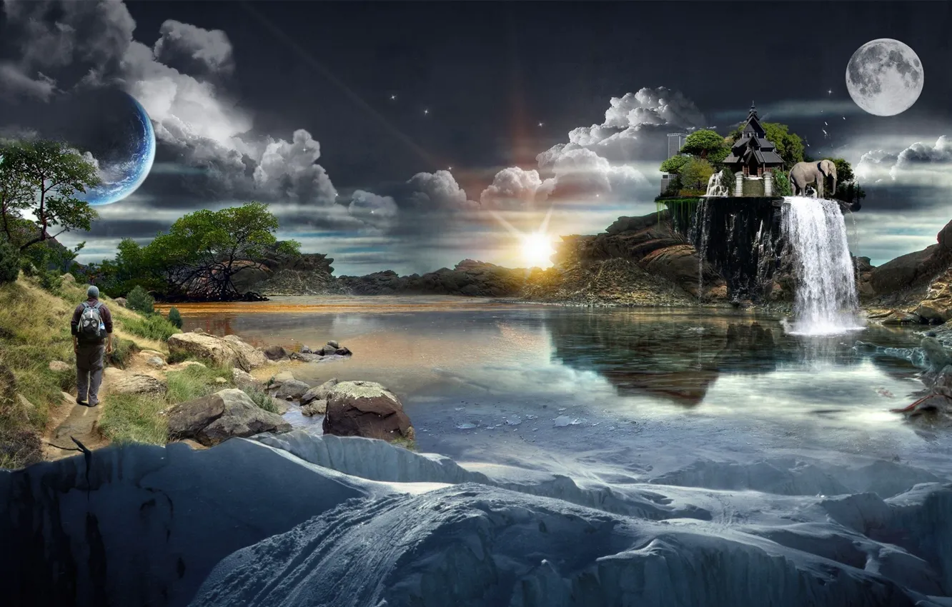Photo wallpaper WATER, The SKY, CLOUDS, HOUSE, PLANET, The MOON, RIVER, REFLECTION