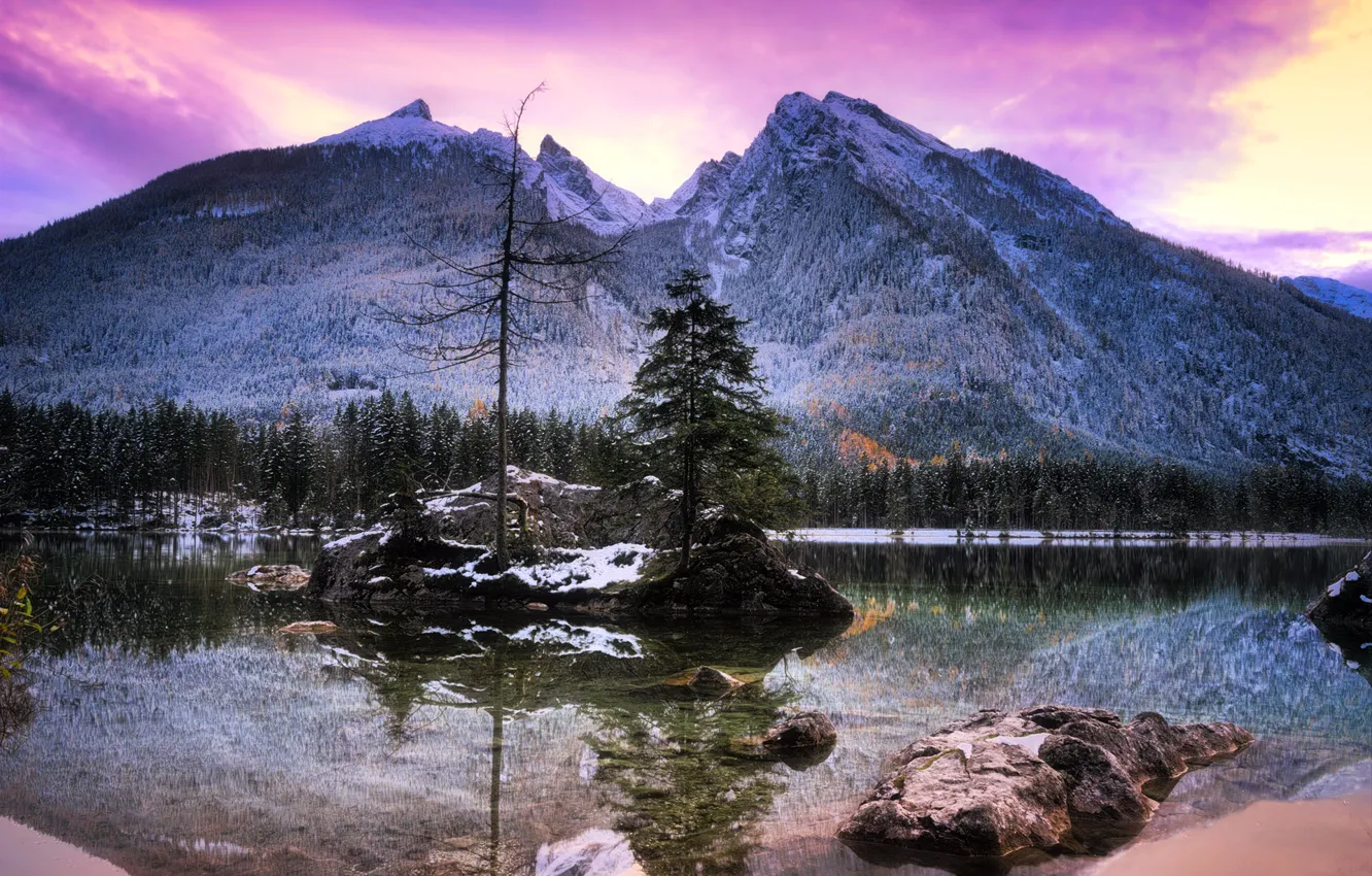 Photo wallpaper sunset, mountains, lake
