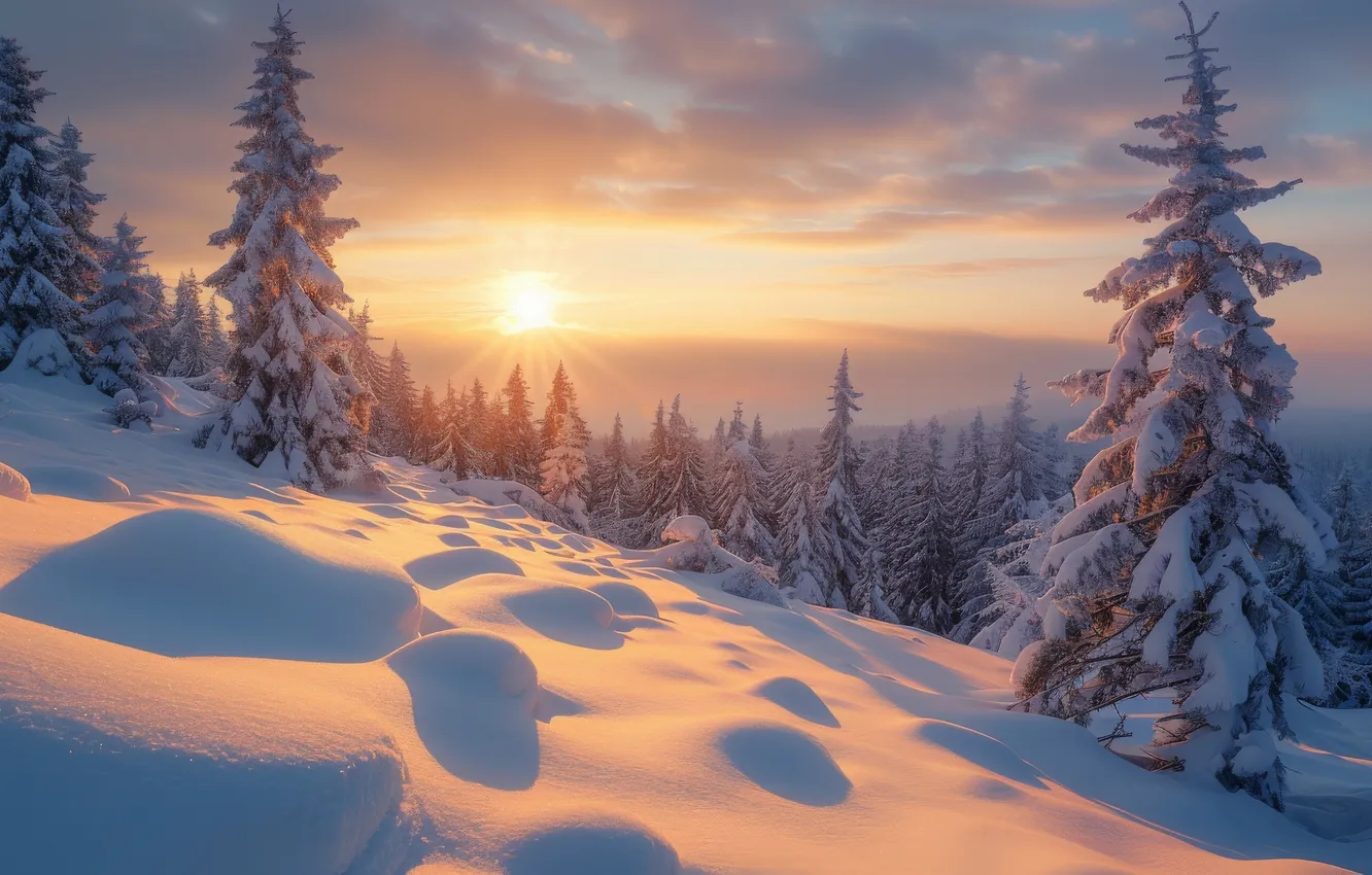Photo wallpaper winter, frost, forest, the sky, the sun, clouds, rays, light