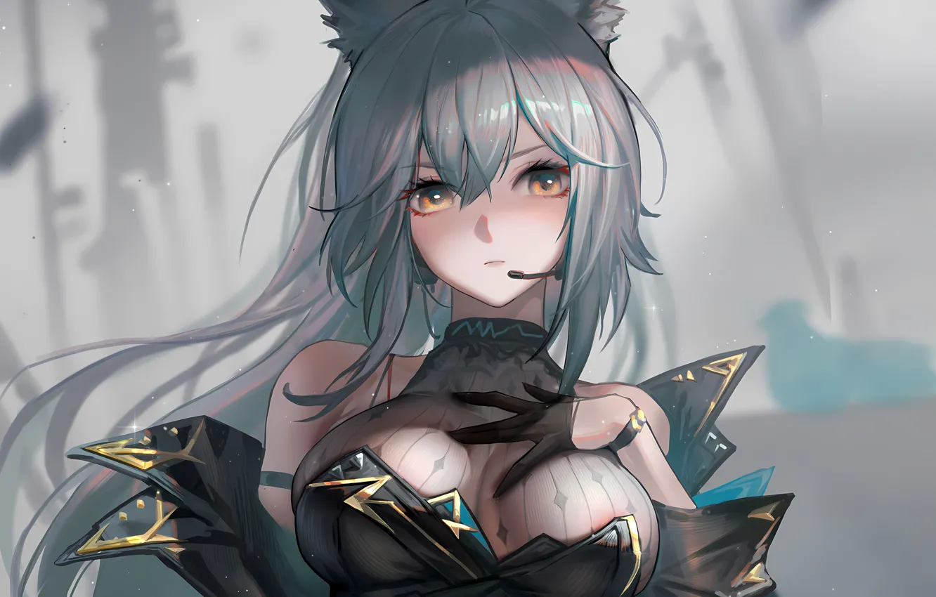 Photo wallpaper girl, sexy, cleavage, blouse, long hair, boobs, animal ears, anime