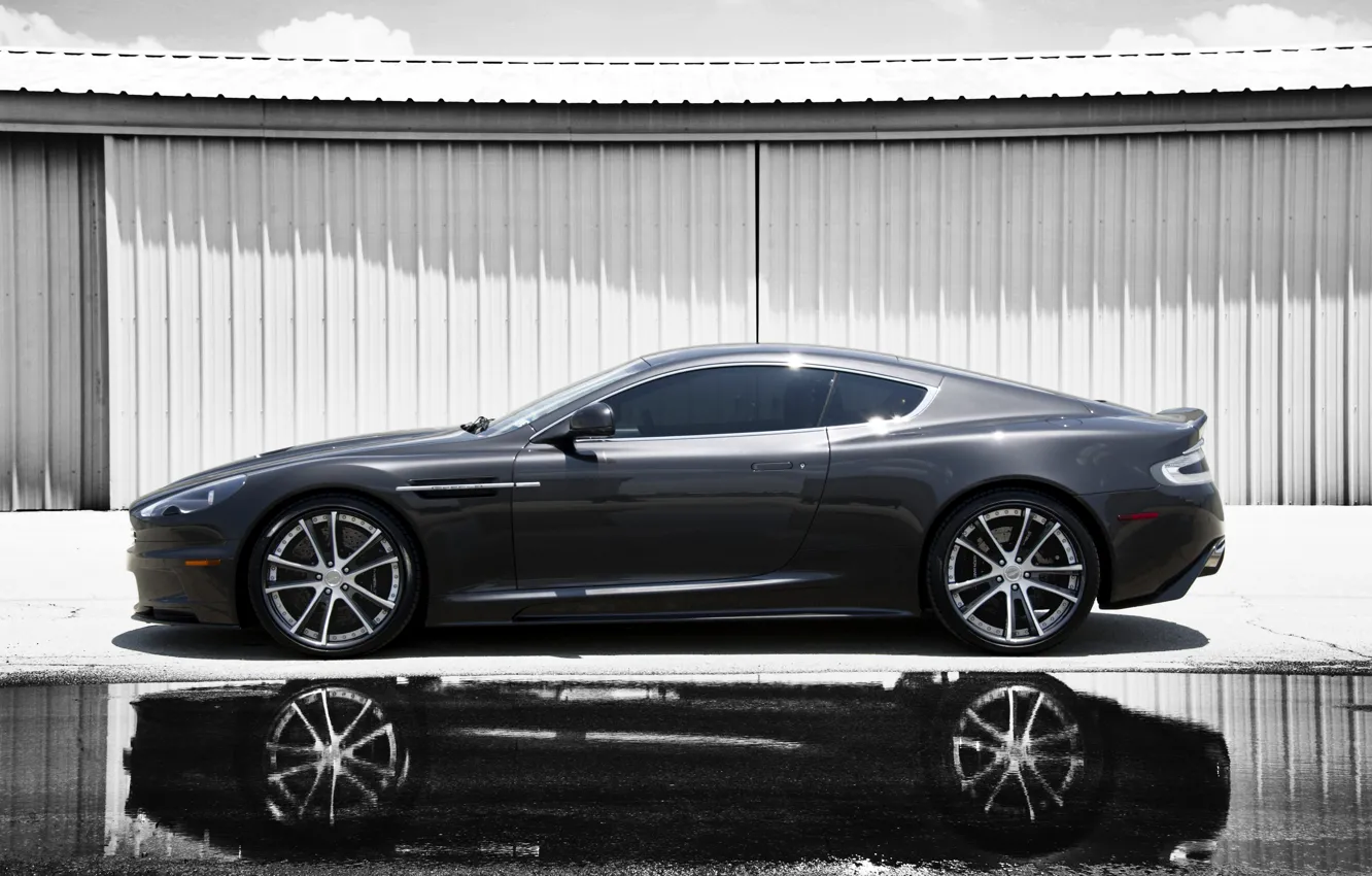 Photo wallpaper reflection, grey, Aston Martin, shadow, DBS, puddle, profile, Aston Martin