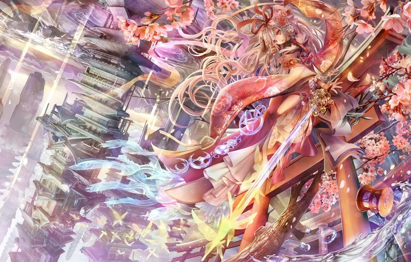 Photo wallpaper water, girl, home, sword, anime, petals, Sakura, art