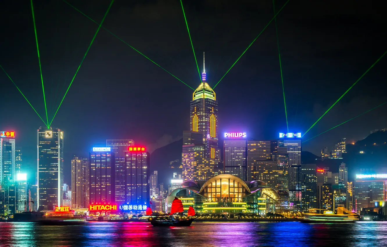 Photo wallpaper boat, Hong Kong, neon, horizon, China, laser beams, Laurel