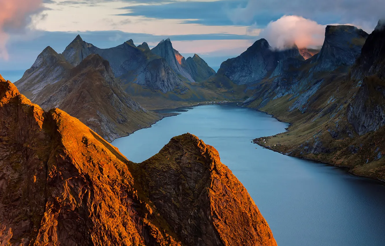 Photo wallpaper the sky, clouds, sunset, mountains, lake