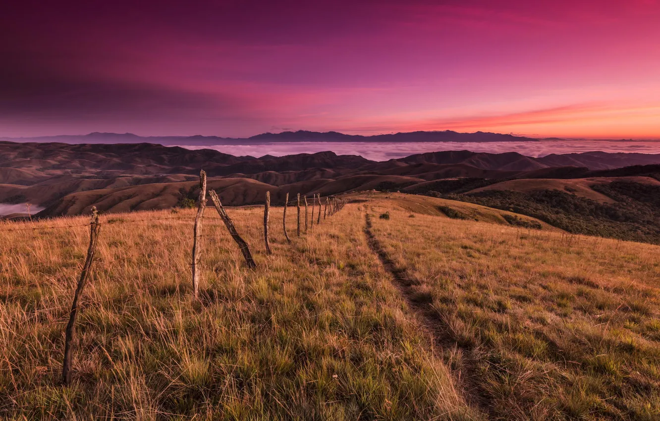 Photo wallpaper field, the sky, landscape, mountains, dawn, the fence