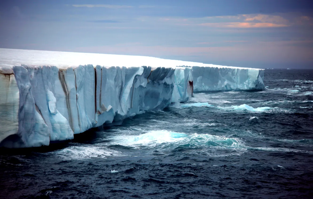 Photo wallpaper sea, wave, the sky, sunset, nature, glacier, iceberg