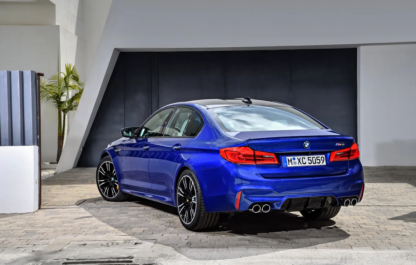 Photo wallpaper blue, wall, pavers, BMW, back, sedan, BMW M5, 2017