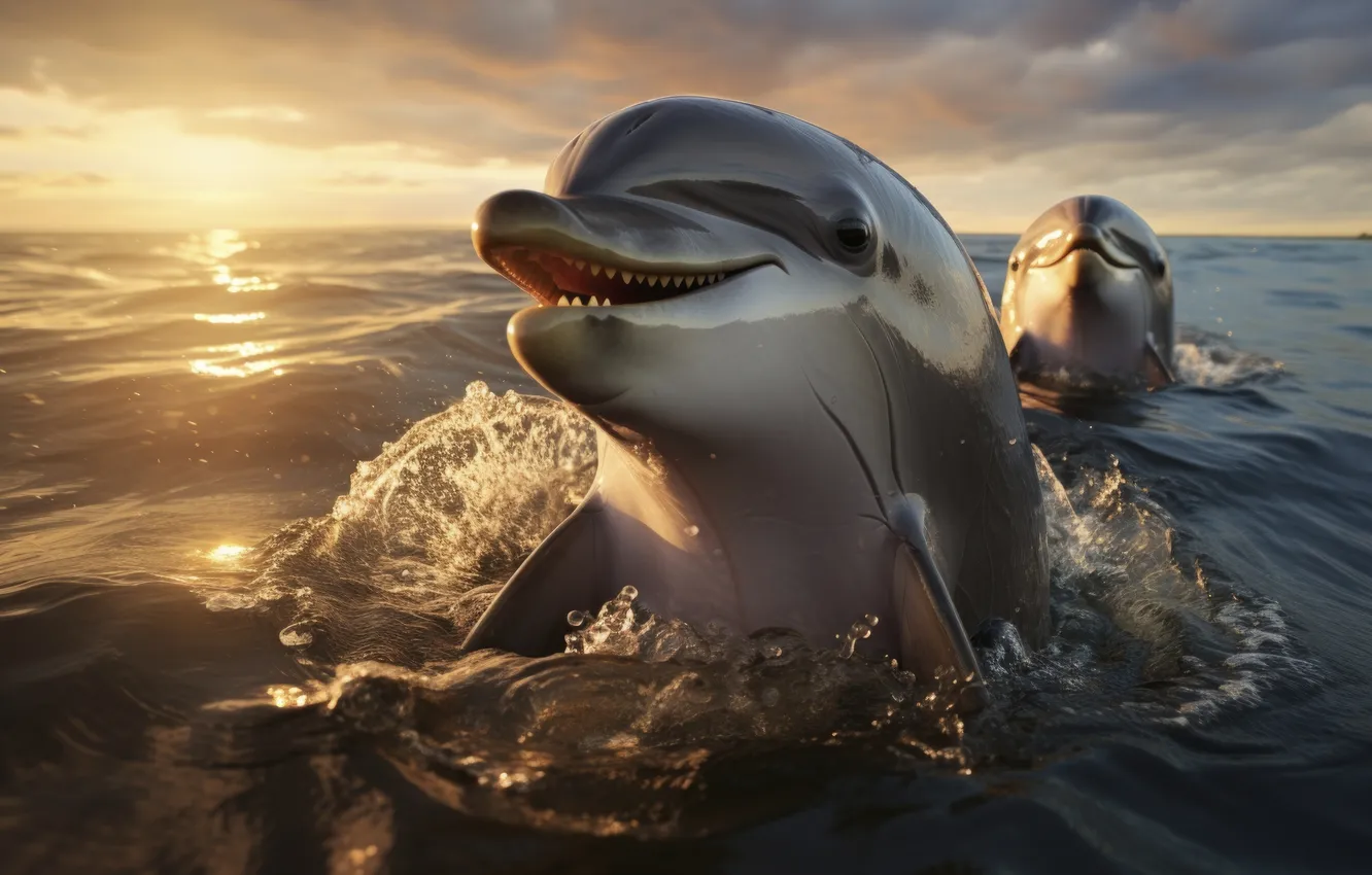 Photo wallpaper sea, water, dolphins, two, digital art, AI art, The Art of Artificial Intelligence, neural network