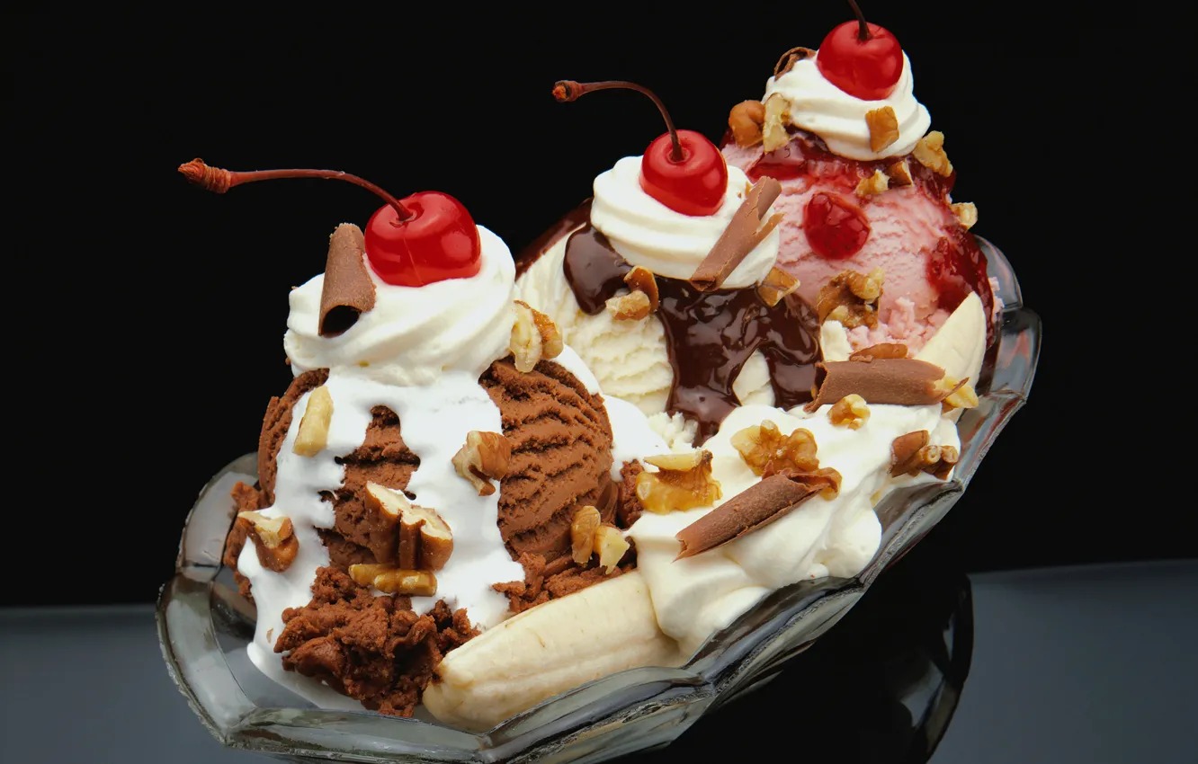 Photo wallpaper cherry, ice cream, nuts, banana, dessert, chocolate, strawberry, vanilla