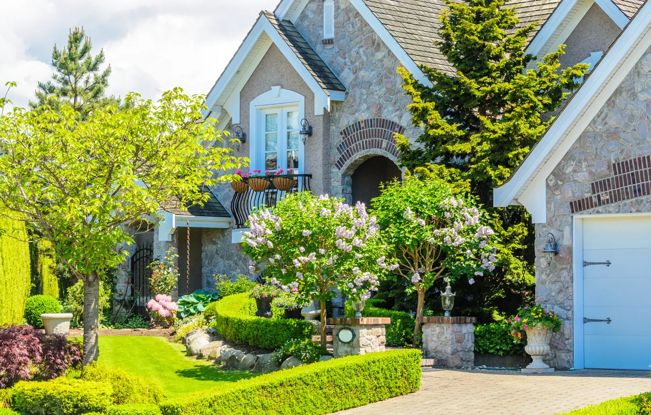 Photo wallpaper greens, grass, flowers, design, stones, lawn, home, mansion