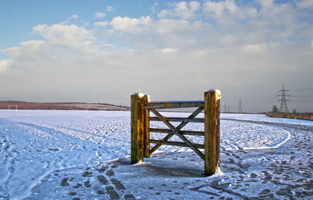 Photo wallpaper snow, fence, gate, power line
