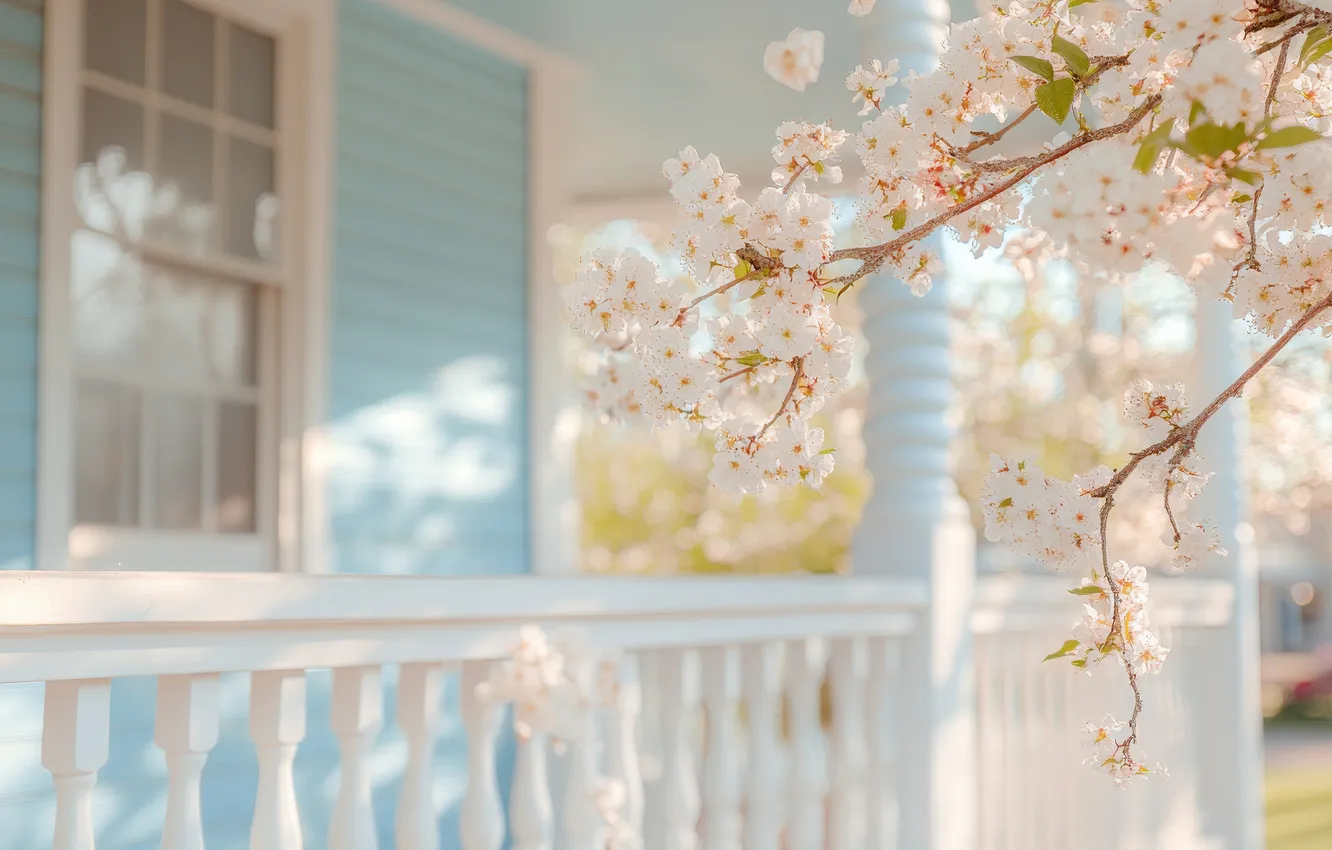 Photo wallpaper light, trees, flowers, branches, home, spring, window, balcony