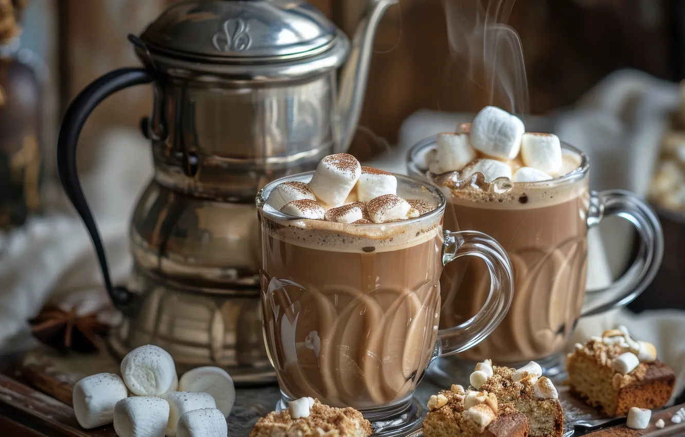 Photo wallpaper glass, metal, table, coffee, hot, pie, pair, mug