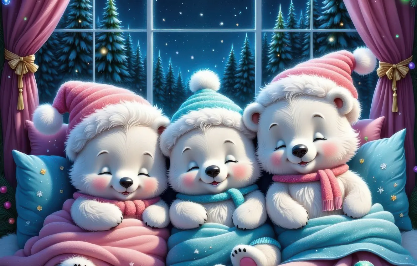 Photo wallpaper winter, snow, night, new year, sleep, bear, Christmas, bed