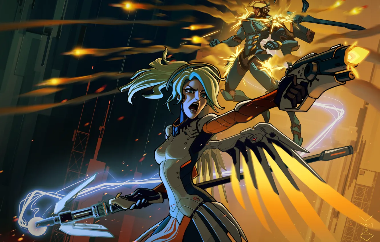 Photo wallpaper Blizzard, art, Overwatch, Mercy, Angela Ziegler, pharah, Fareeha Amari