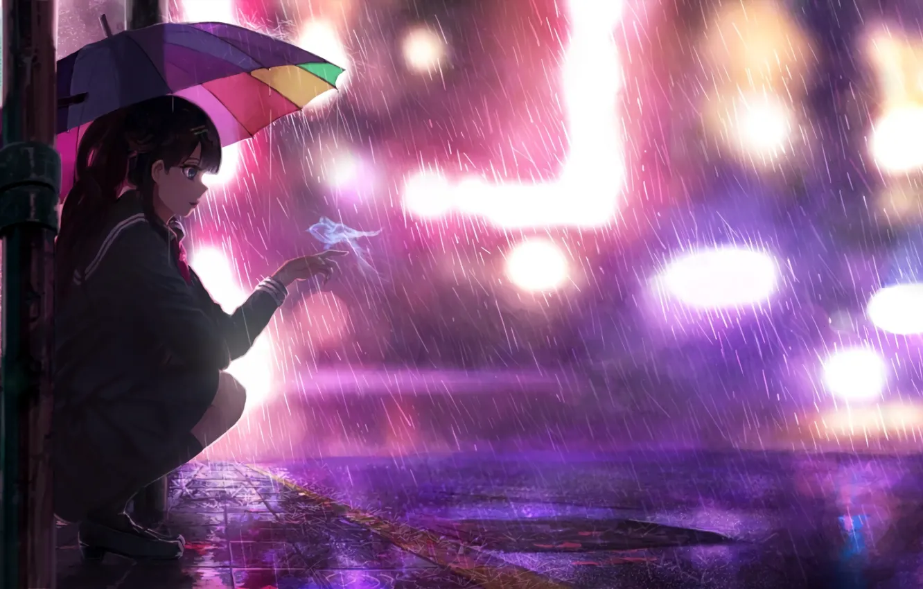 Photo wallpaper umbrella, rain, Schoolgirl, neon lights, school girl