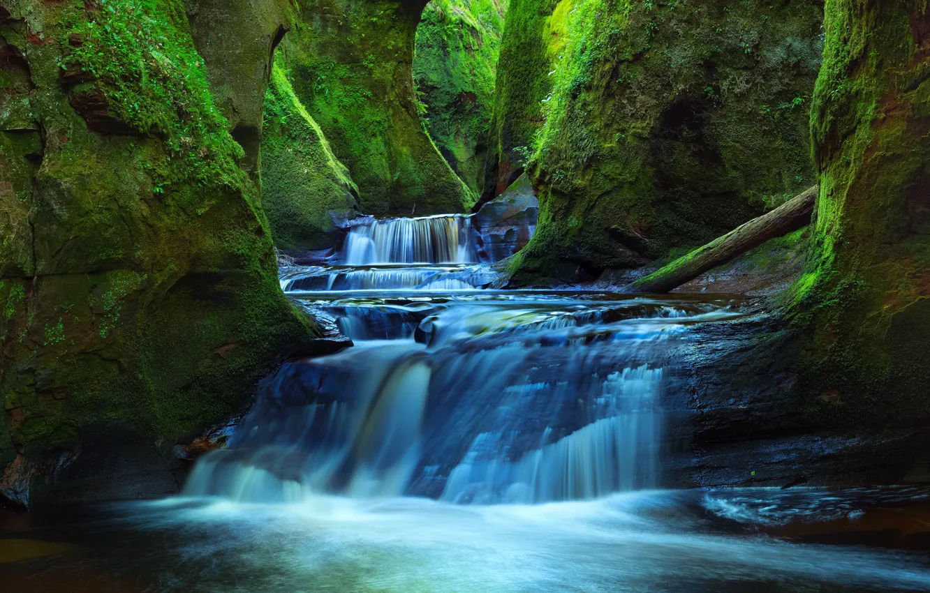 Photo wallpaper river, rocks, waterfall, moss, Scotland, gorge, cascade, Scotland