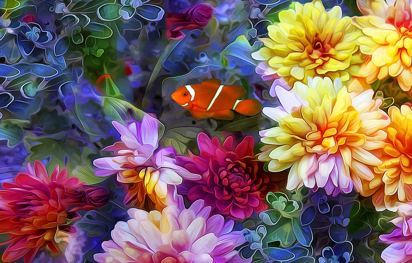 Photo wallpaper line, flowers, collage, fish, petals