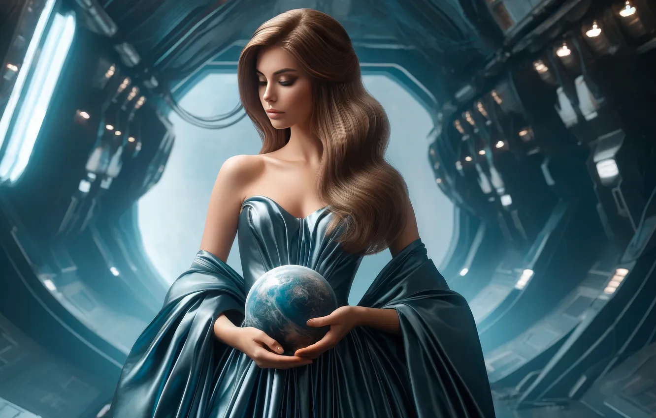 Photo wallpaper science fiction, spaceship, women, planet, satin, AI Art