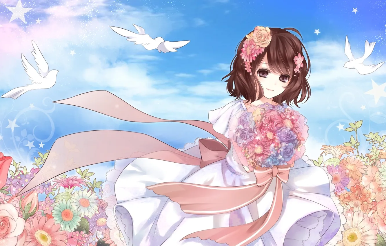 Photo wallpaper flowers, bird, bouquet, art, pigeons, girl, tape, an-mar