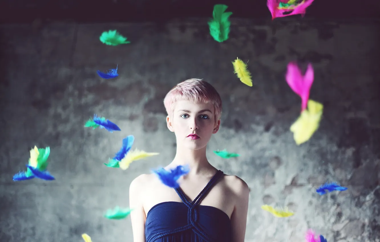 Photo wallpaper look, girl, feathers