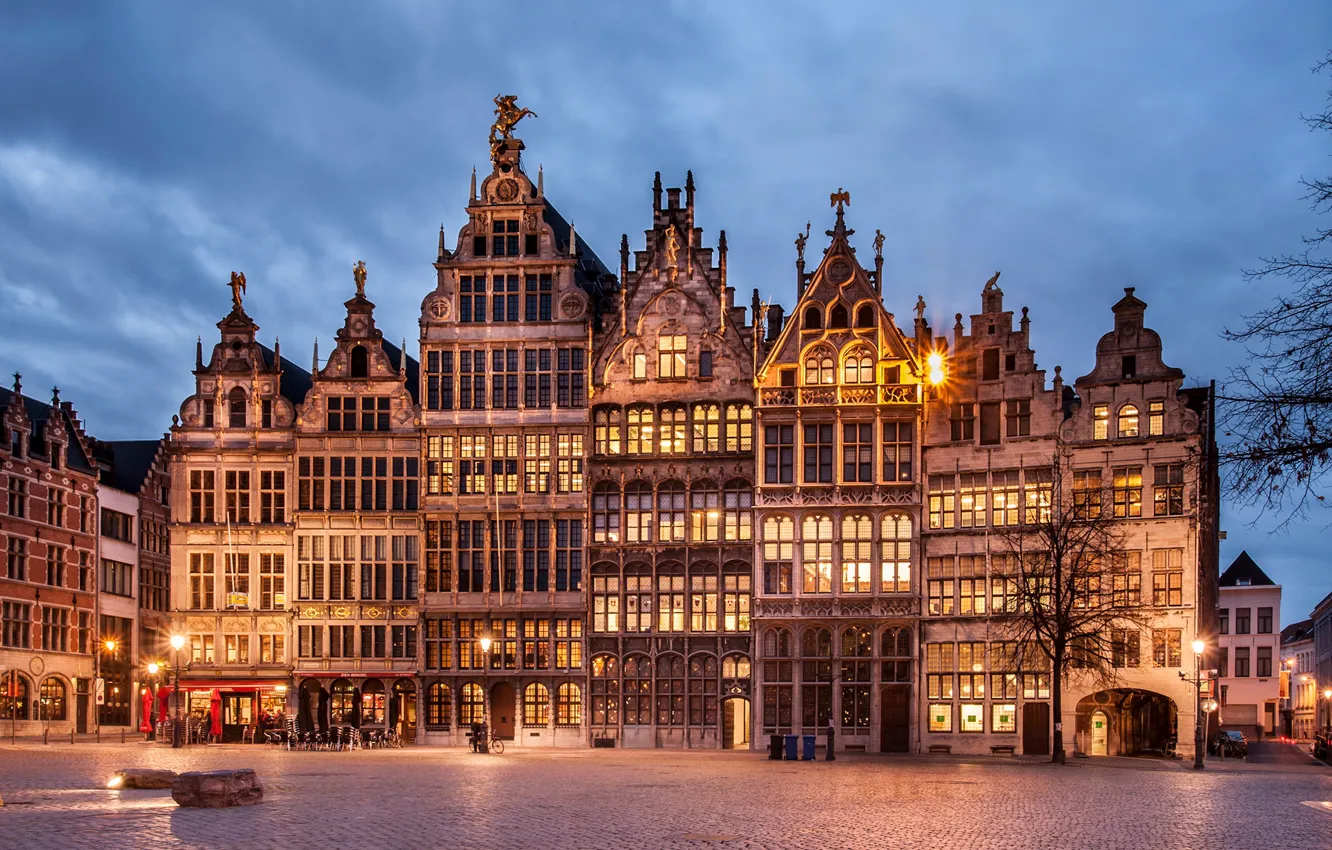 Photo wallpaper the sky, lights, home, the evening, area, lights, Belgium, architecture