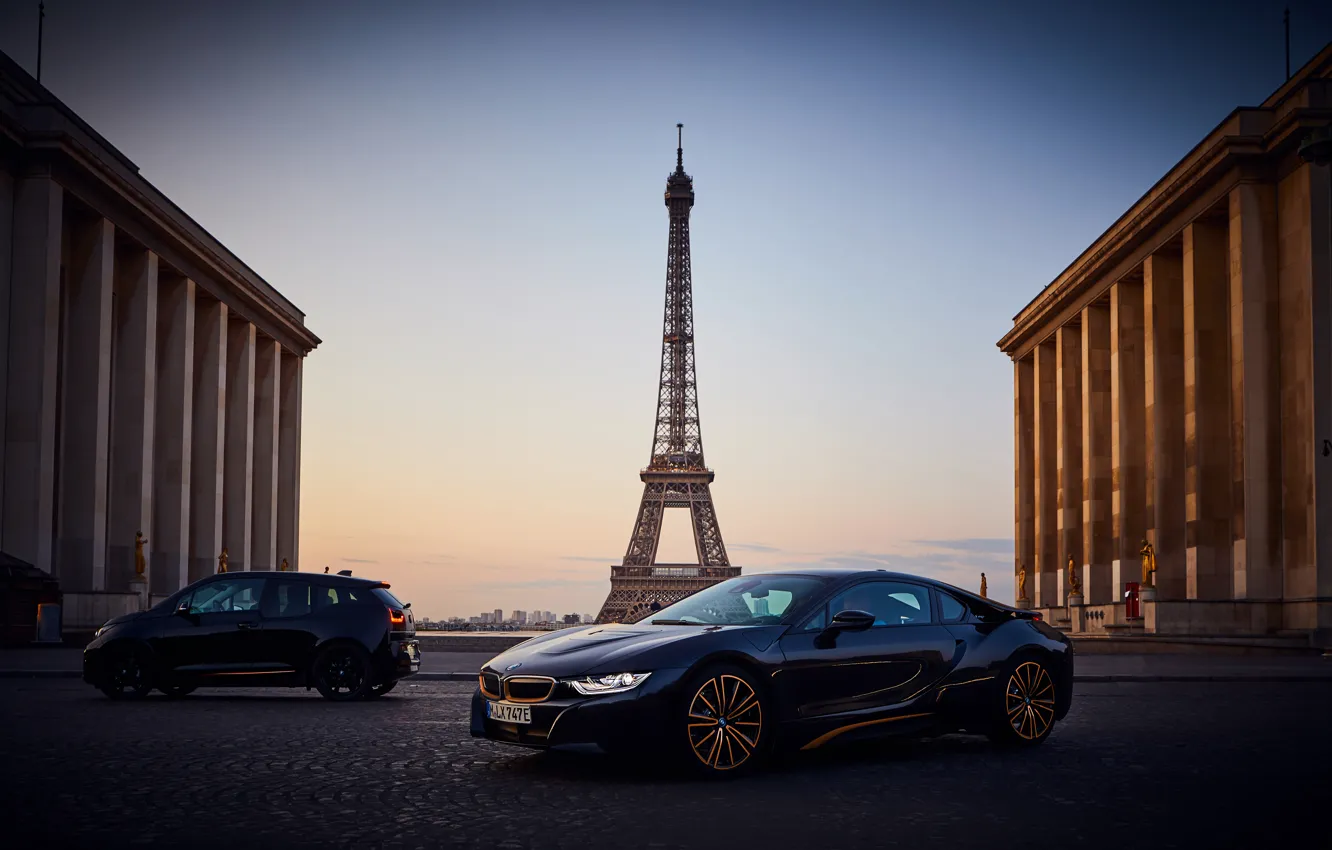 Photo wallpaper sunset, France, Paris, the evening, BMW, pair, Eiffel tower, BMW i3