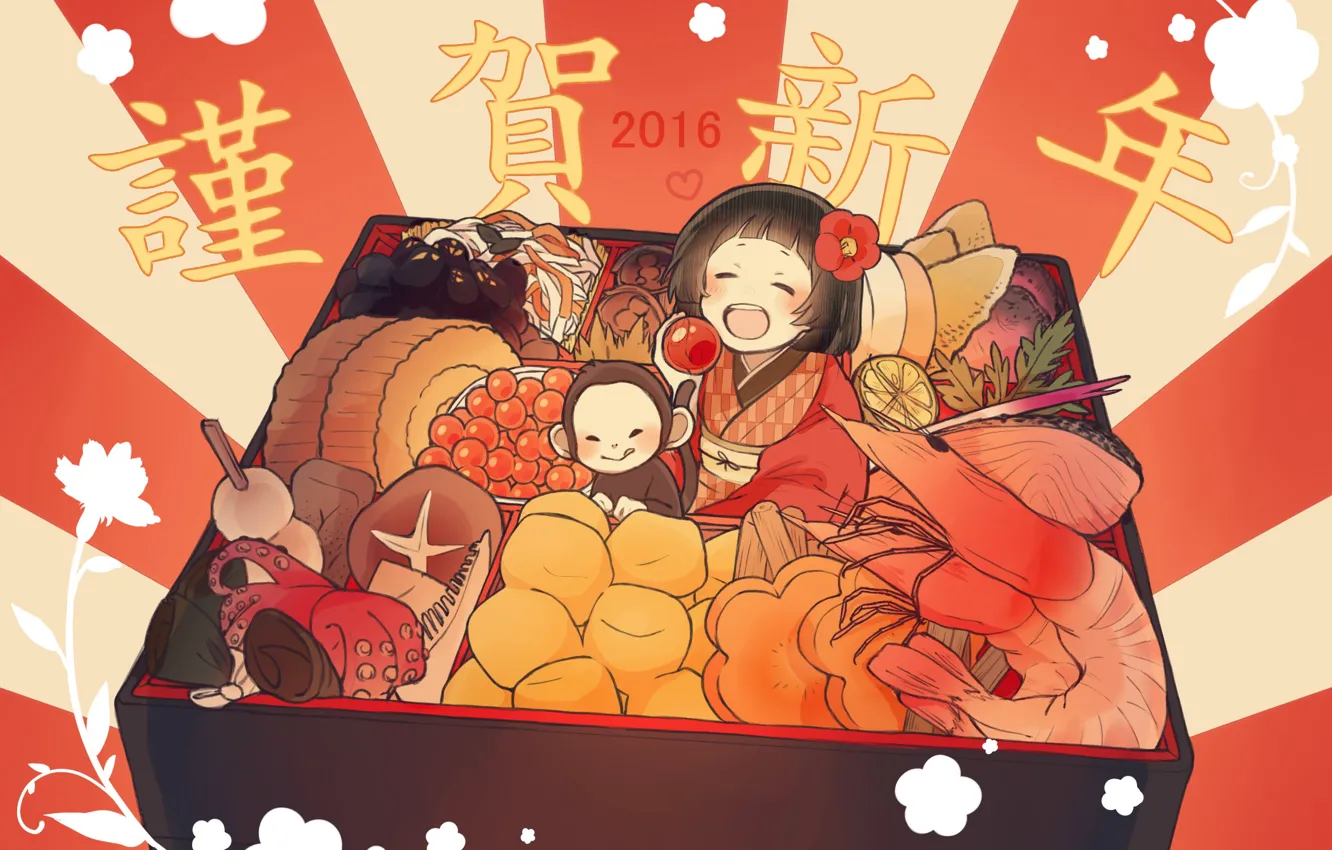 Photo wallpaper food, monkey, girl, New year, 2016, box with Bento