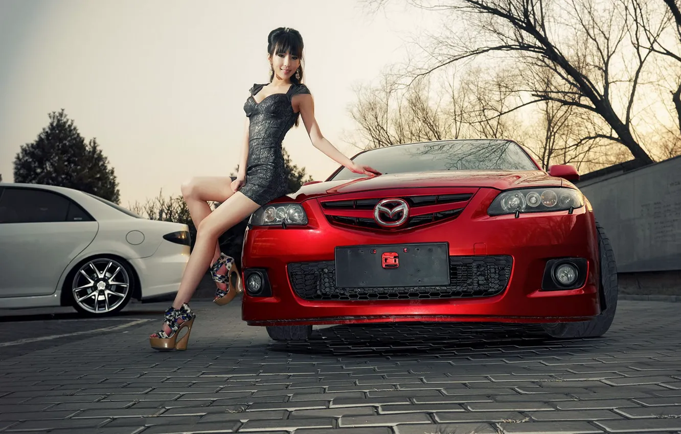 Photo wallpaper look, Girls, Mazda, Asian, beautiful girl, red car, beautiful dress, posing on the car