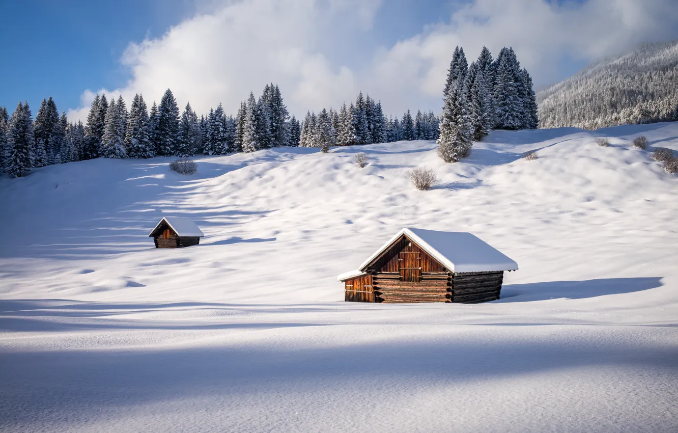 Photo wallpaper winter, forest, snow, Germany, Germany, Bavaria, sheds, Gerold