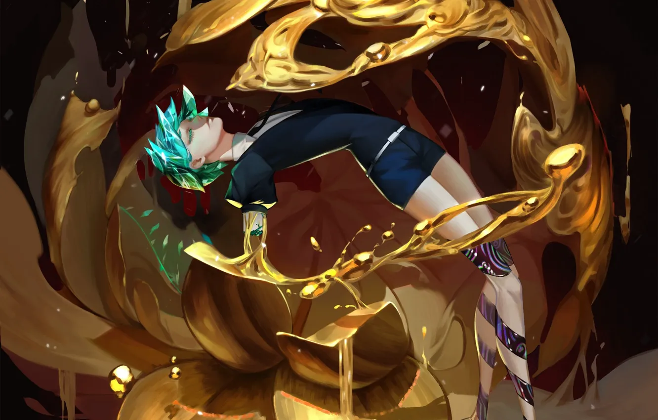 Photo wallpaper girl, flowers, gold, fanart, Pixiv, Fanart From Pixiv, Houseki no kuni, Phosphophyllite