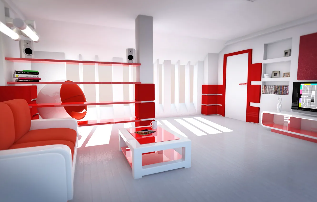 Photo wallpaper style, Room, Reds, bright room