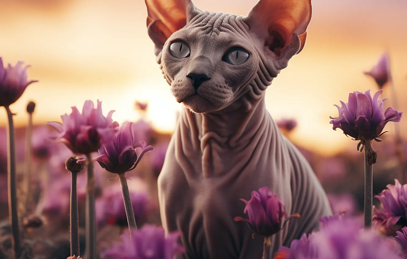 Photo wallpaper field, cat, summer, cat, look, light, flowers, nature