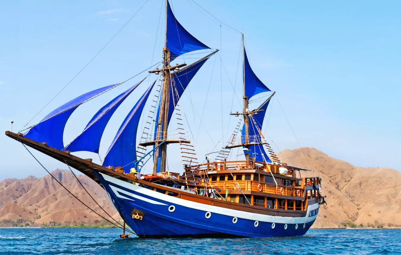 Photo wallpaper sea, the sky, ship, sails, blue