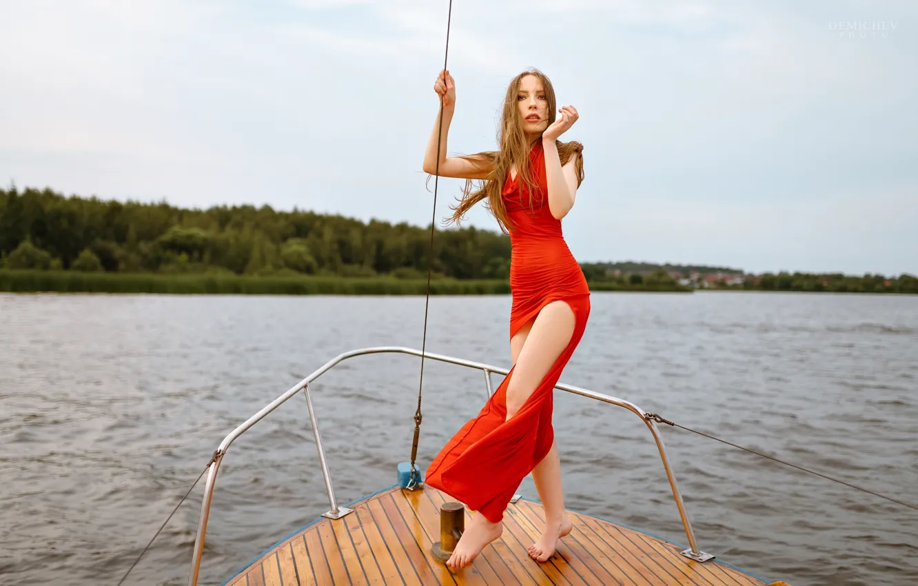 Photo wallpaper girl, pose, yacht, figure, red, red dress, redhead, long hair