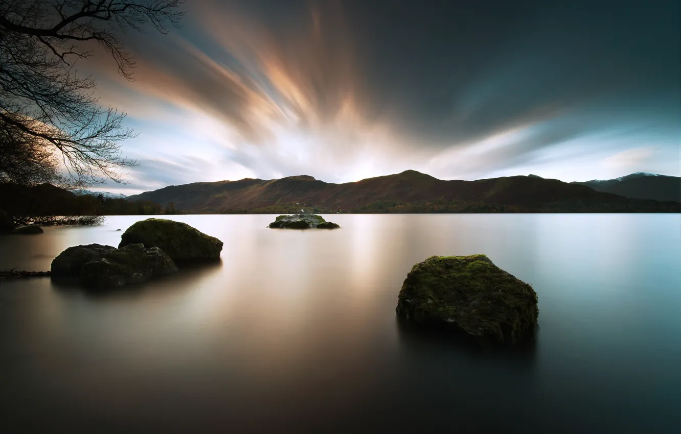 Photo wallpaper landscape, nature, lake, stones, twilight