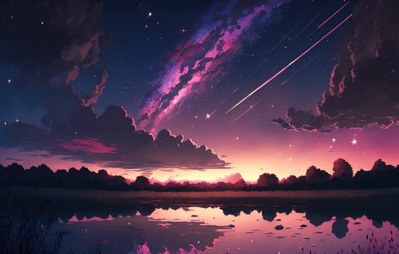 Photo wallpaper sunset, mountains, lake, the evening, horizon, comet, space, starry sky