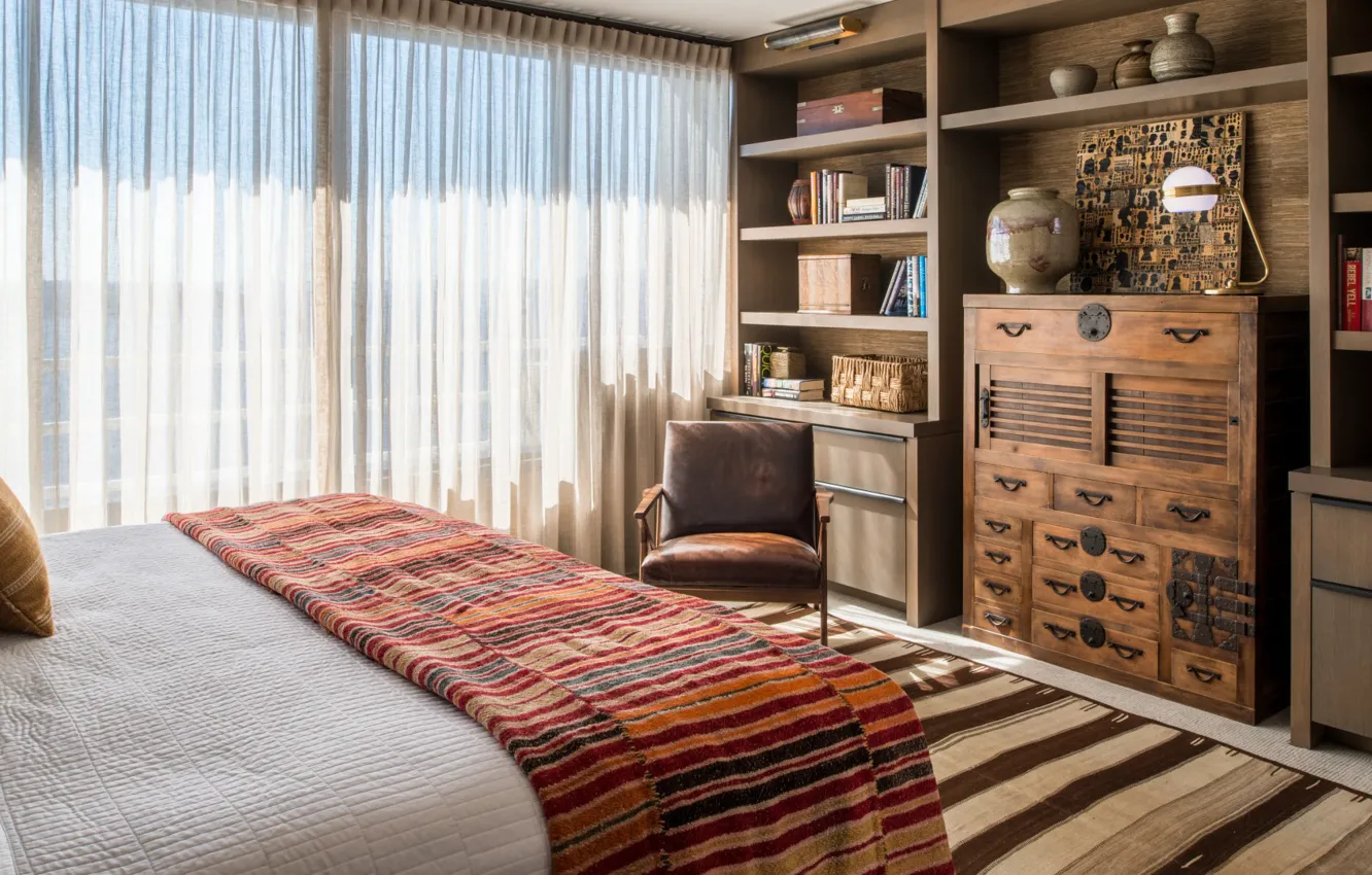 Photo wallpaper trees, room, interior, leather, bedroom, wood, vintage, orange