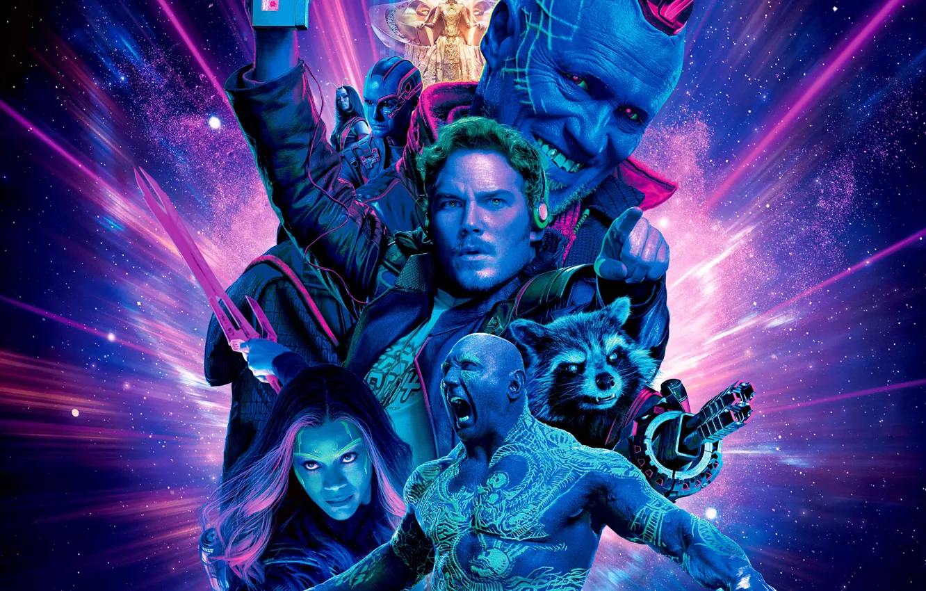 Photo wallpaper space, fiction, collage, poster, nebula, Rocket, Mantis, Karen Gillan