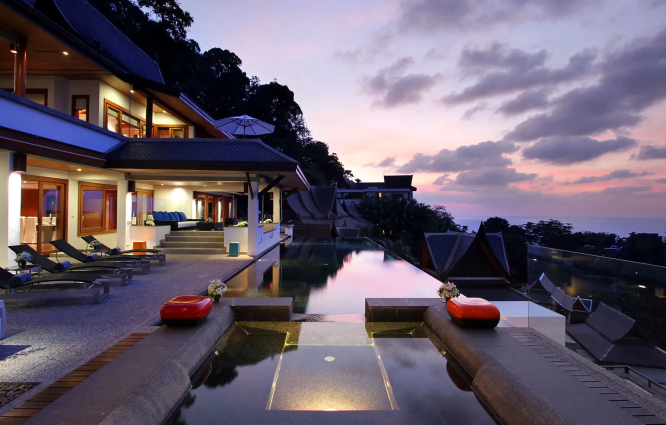 Photo wallpaper Villa, the evening, pool, lighting, architecture, terrace