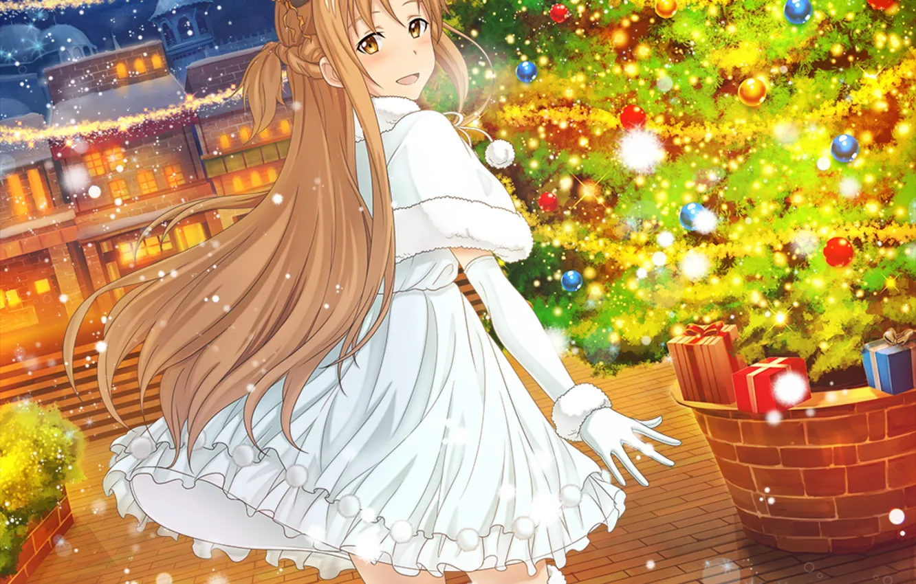 Photo wallpaper white dress, long hair, the light in the Windows, Christmas tree, evening city, Yuuki Asuna, …