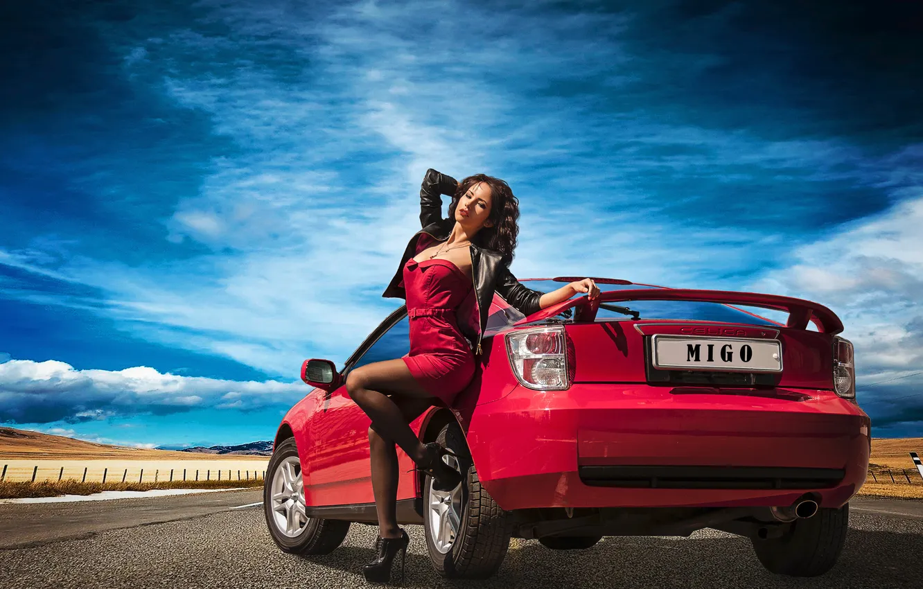 Photo wallpaper road, machine, girl, car, celica