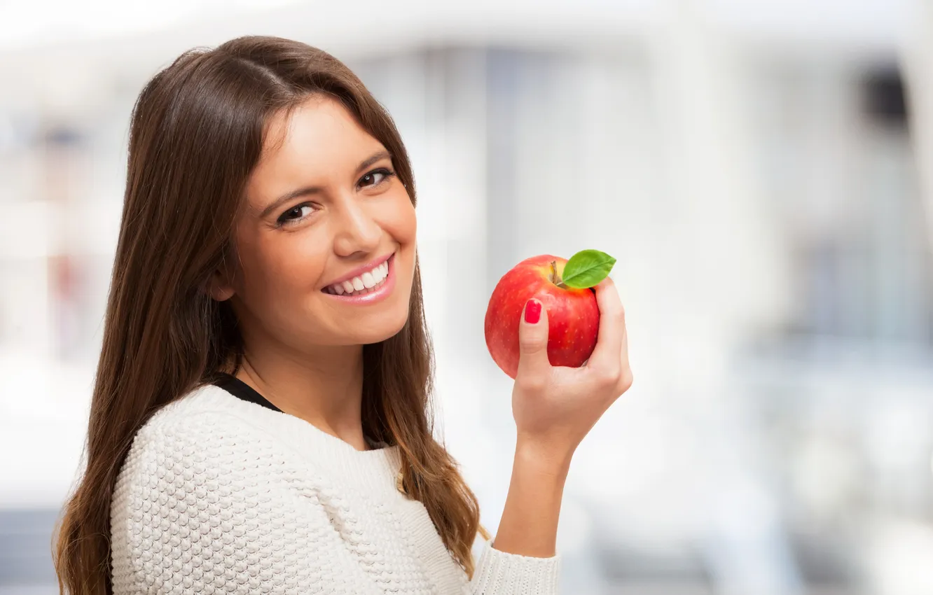 Photo wallpaper smile, Apple, Girl, fruit