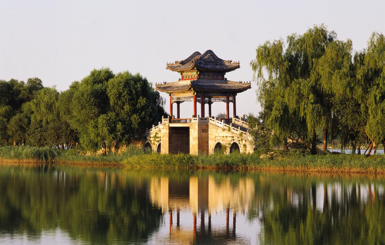 Photo wallpaper bridge, nature, lake, reflection, tower, Palace Beijing