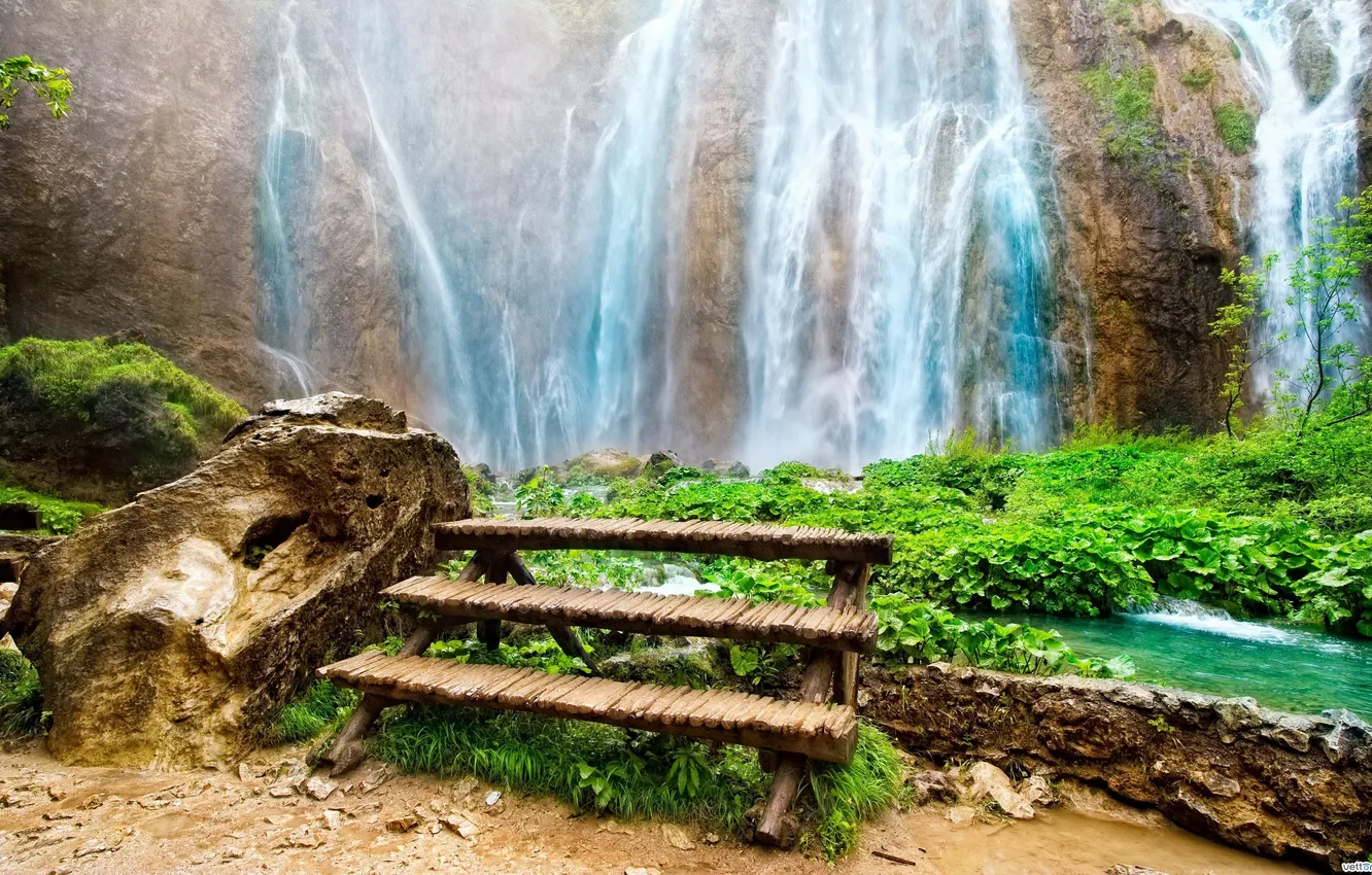 Photo wallpaper water, bench, nature, river