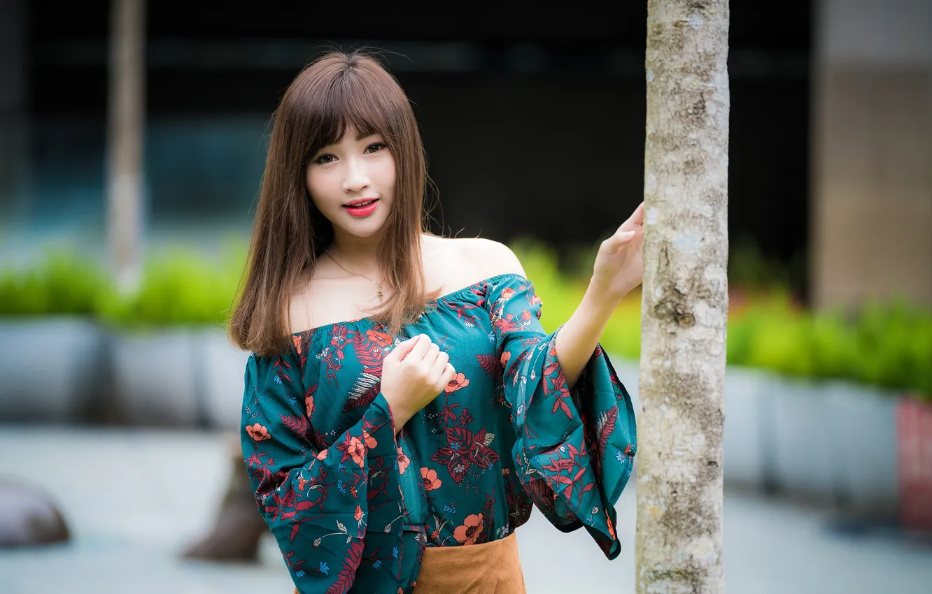 Photo wallpaper summer, look, girl, the city, model, blouse, Asian, bokeh